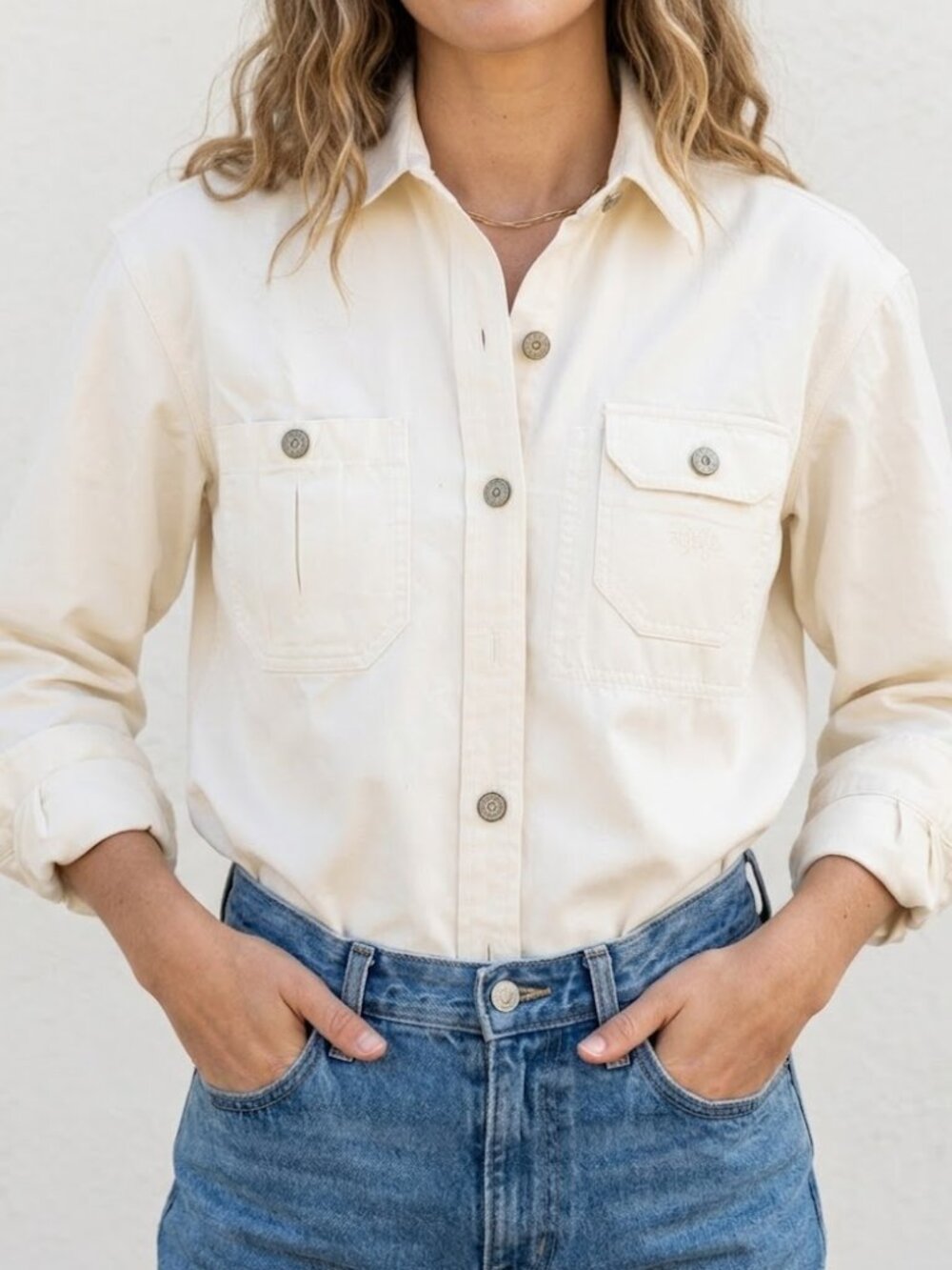 Ralph Lauren White Denim Button Up Shirt S Petite Cream Cotton Logo Embroidered